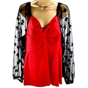 Shein Curve Top Lace Butterfly Mesh 2XL Red Black Whimsigoth